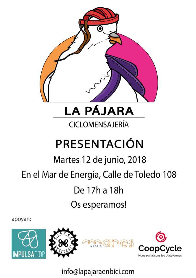 No me pierdo la presentación de el proyecto de La Pájara ciclomensajeria el martes 12 de junio a las 17h con <a href="/ridersxdMAD/">Riders x Derechos MAD</a> <a href="/impulsa_coop/">ImpulsaCoop</a> <a href="/MARES_Madrid/">MARES Madrid</a> y <a href="/coopcycle/">coopcycle</a>