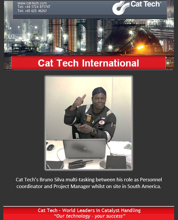 CatTechLtd's tweet photo. Cat Tech’s Bruno Silva multi-tasking between his role as Personnel coordinator and Project Manager whilst on site in South America.#catalyst #oilandgas #teamwork #catalysthandling #specialised https://t.co/MQYBuAmmpm