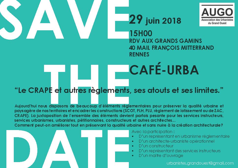 AgenceUnivers's tweet photo. #AUGO - Prochain café-urba à Rennes le 29 juin sur les Cahiers de prescriptions avec notamment la présence de @AUDIAR et du service instructeur du @Pays de Châteaugiron https://t.co/NonB6Ny7Is