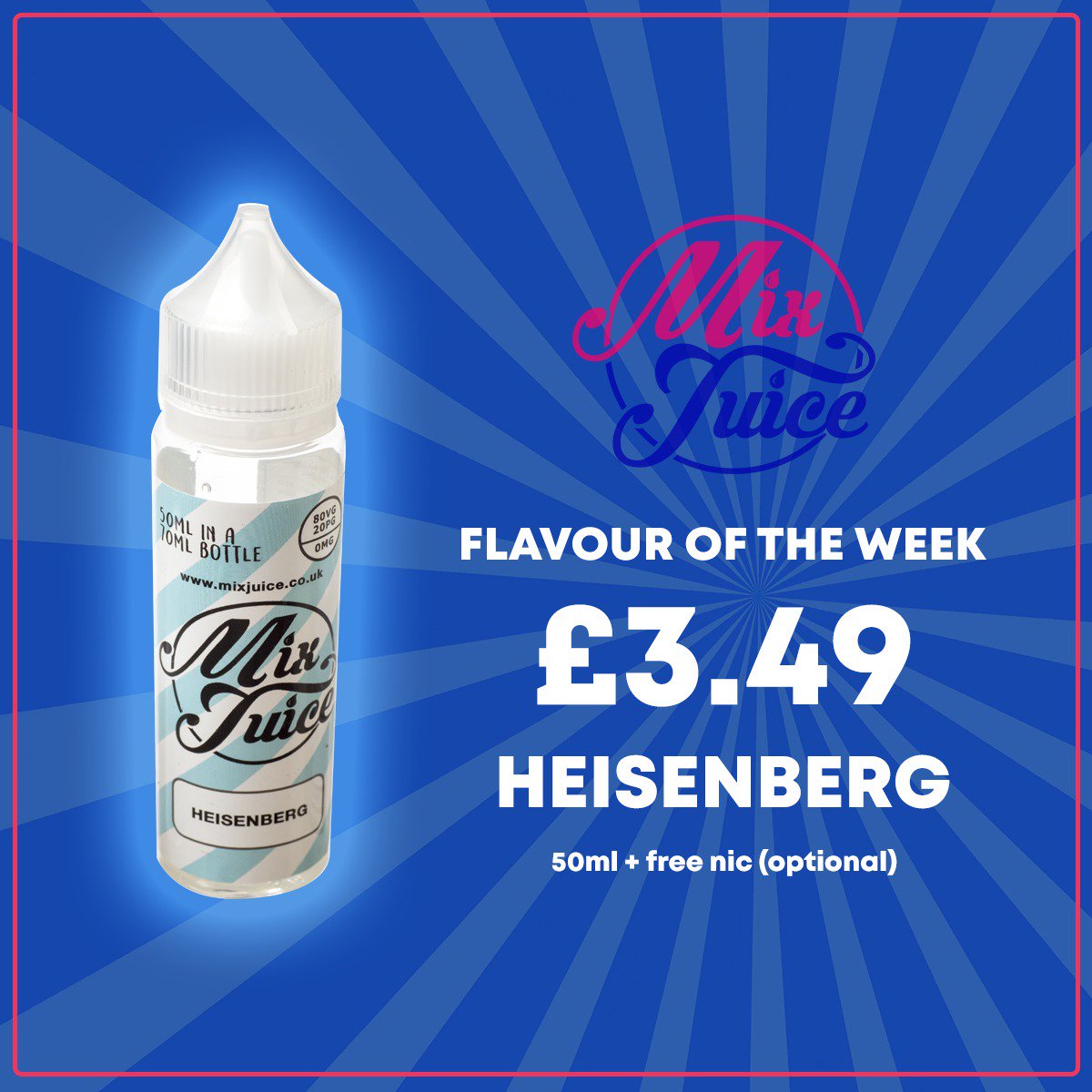 Flavour of the Week - Heisenberg!  Only £3.49 for 50ml & nic!   Add to cart and the discount will be auto applied.

GET - mixjuice.co.uk/product/mix-ju…

#vaping #vapers #vapeuk #ukvaping #cloudtricks #eliquiddeals #vapedeals #vapejuice