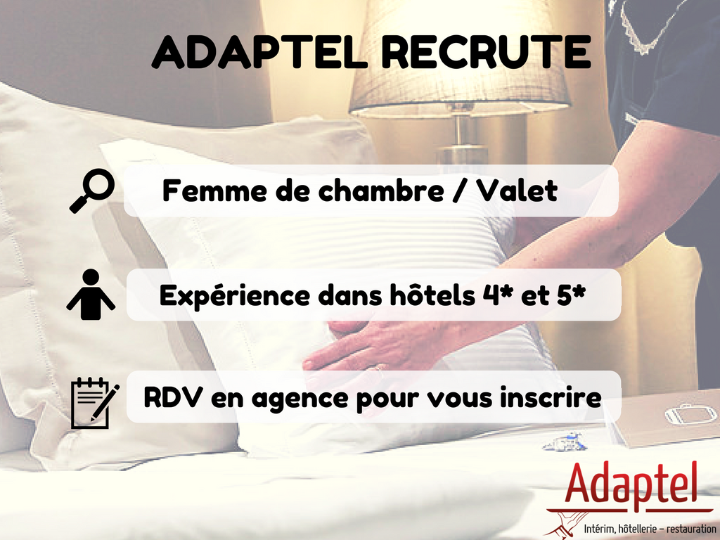 adaptel_paris's tweet photo. Nous recrutons un(e) valet/femme de chambre pour un de nos clients en #IDF. #emploi #interim #hôtellerie. https://t.co/FJBDkq9nAJ