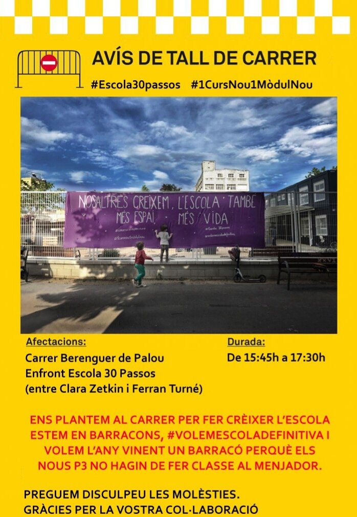 AF30Passos's tweet photo. Dilluns ens #PlantemAlCarrer per fer créixer l'#Escola30passos pública en barracons. 
Per la manca d'inversió del departament d'@ensenyamentcat de la Generalitat
el @consorciedubcn diu que els nous P3 no tindran barracó i hauran de fer classes al menjador.
#1CursNou1MòdulNou https://t.co/LhLnlw94el