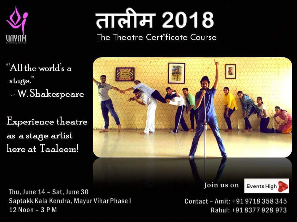 WeAreVayam's tweet photo. Taaleem 2018 is getting closer each day! Join us:

Events High: https://t.co/GNHJvpSR4Z
or BookMyShow: https://t.co/QbeLIrGknd

Thu, June 14 - Sat, June 30
12 Noon - 3 PM
Saptakk Kala Kendra, Mayur Vihar Phase 1
 
#likeforfolow #theatre #artist #workshop #course #taaleemagain https://t.co/WDJlLZHBRD