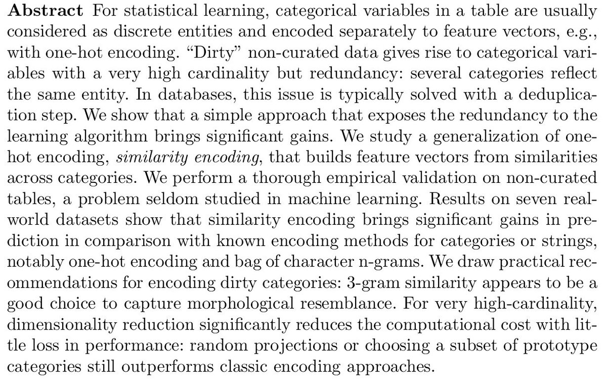 New paper: Similarity encoding for learning with dirty categorical variables
hal.inria.fr/hal-01806175

Code on dirty-cat.github.io

Useful for data scientists fighting with dirty data