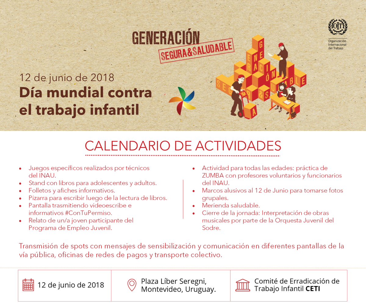 SinTrabinfantil's tweet photo. Actividades en el marco del Día Mundial contra el #TrabajoInfantil 2018 #DMCTI - 🇺🇾 Uruguay: Jornada de Sensibilización, Comité de Erradicación de Trabajo Infantil (CETI) @MTSSuy @INAU_Oficial https://t.co/v2aCWtqvTN
