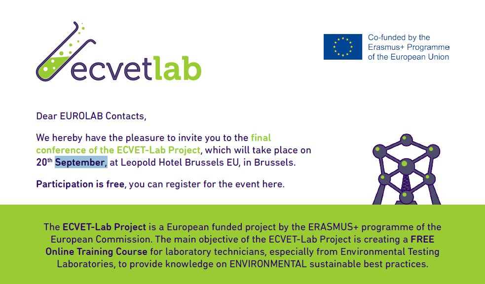 ECVETLab's tweet photo. We have the pleasure to invite you to the final conference of the ECVET-Lab Project, 
which will take place on 20th September in Brussels. You can find the agenda here: https://t.co/riBfwf1lht. And the registration link here: https://t.co/MHCWvJWVtB @NireasIWRC @MMC_Learning https://t.co/WKjAGFvNdf