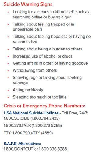 InovaHealth's tweet image. If you’re thinking about suicide, are worried about a friend or loved one, or would like emotional support, USA National Hotline is available 24/7 1-800-784-2433.