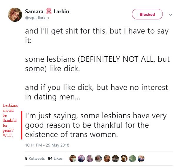 Here is Samara, brought to my attention by a  @CriticalSisters tweet. Samara argues that some lesbians like penis, in fact lesbians should be thankful for penis.