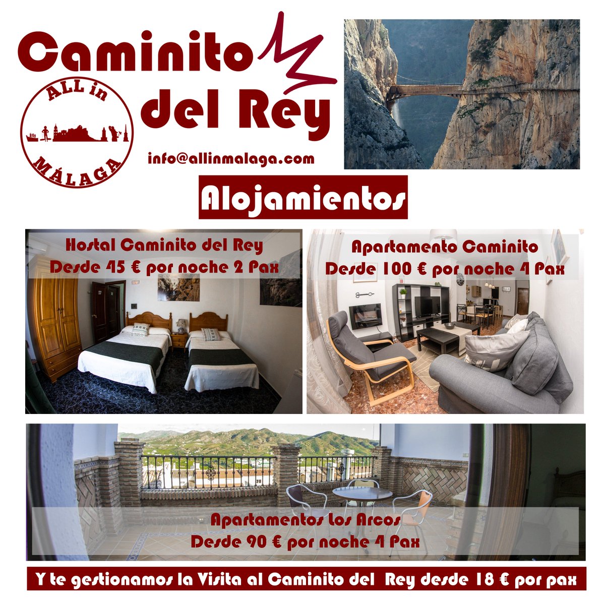 ALL in MALAGA
Publicado por Nacho Ruiz · 4 min · 
¡¡¡Gran oferta de Alojamiento en el Caminito del Rey¡¡¡
Siente, Vive, Disfruta... allinmalaga.com
#malagatours #caminitodelrey #caminitodelreytour #malaga #spain #adventure #elchorro #andalucia #southernspain  #malagaspain