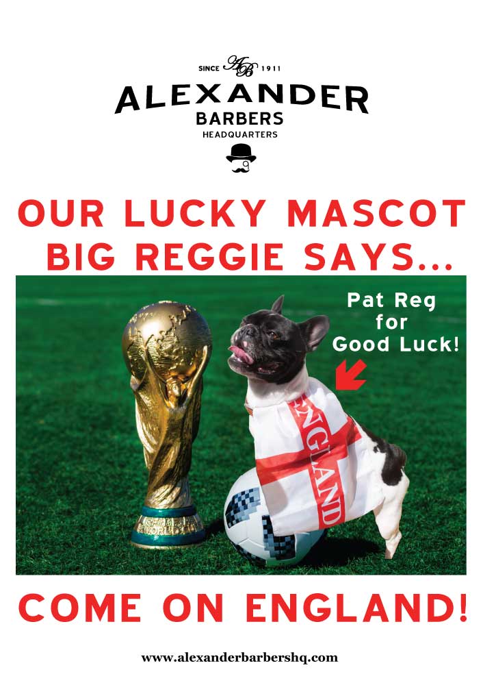 Our lucky mascot #BigReggie <a href="/BigReggieABHQ/">Big Reggie</a> says... #COMEONENGLAND! Pat Reg for luck here: #WorldCup2018 #NotLongToGo alexanderbarbershq.com