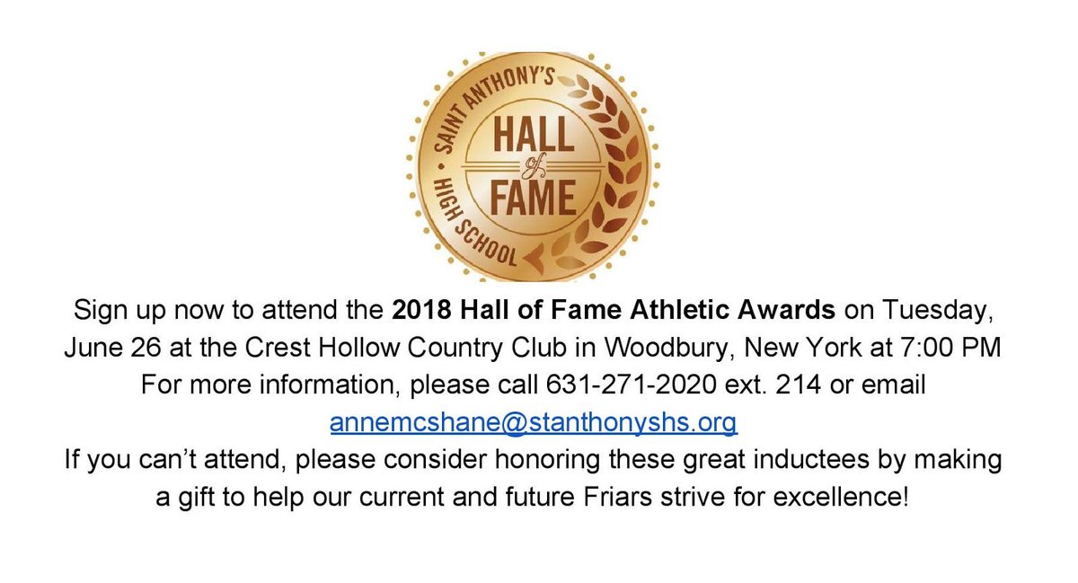 St. Anthony's Friars (@stanthonysath) on Twitter photo Congratulations to Coach Dan McBride (<a href="/friarswimming/">Coach Dan McBride</a>) and Swim team alums Amy DeMarle Ormond ‘91 & Bryan Evangelista ‘99! Come celebrate their achievements by signing up for the 2018 Hall of Fame Athletic Awards. More info below Congratulations to Coach Dan McBride (<a href="/friarswimming/">Coach Dan McBride</a>) and Swim team alums Amy DeMarle Ormond ‘91 & Bryan Evangelista ‘99! Come celebrate their achievements by signing up for the 2018 Hall of Fame Athletic Awards. More info below