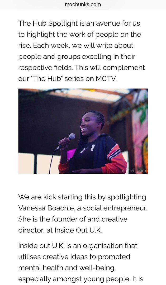 MoChunksTV's tweet photo. Today’s spotlight is on Vanessa Boachie, the founder of InsideOut U.K., a platform which promotes positive mental health and well being🙌🏽💙 

Read all about her work below👇🏽

#TheHubSpotlight #InsideOutUK 
https://t.co/tqjoEegoY4 https://t.co/MM8y9loUpx