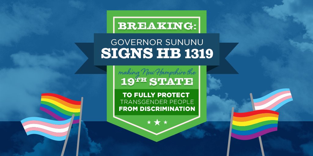 It's done! Moments ago, <a href="/GovChrisSununu/">Chris Sununu</a> signed #TransBillNH into law, saying once and for all that we will not tolerate discrimination against #transgender people in the Granite State! #NHpolitics bit.ly/2MbehHC