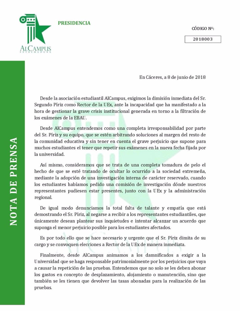 Alcampus exige la dimisión inmediata del Sr. Segundo Píriz como rector de la UEX.