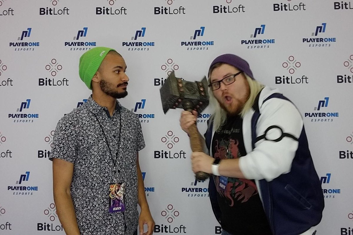 I got to hold this dope (and very heavy) Doomhammer that’s awarded to the Hearthstone tournament winner here. It’s so cool! You can watch the tournament live at 
twitch.tv/playeroneespor…