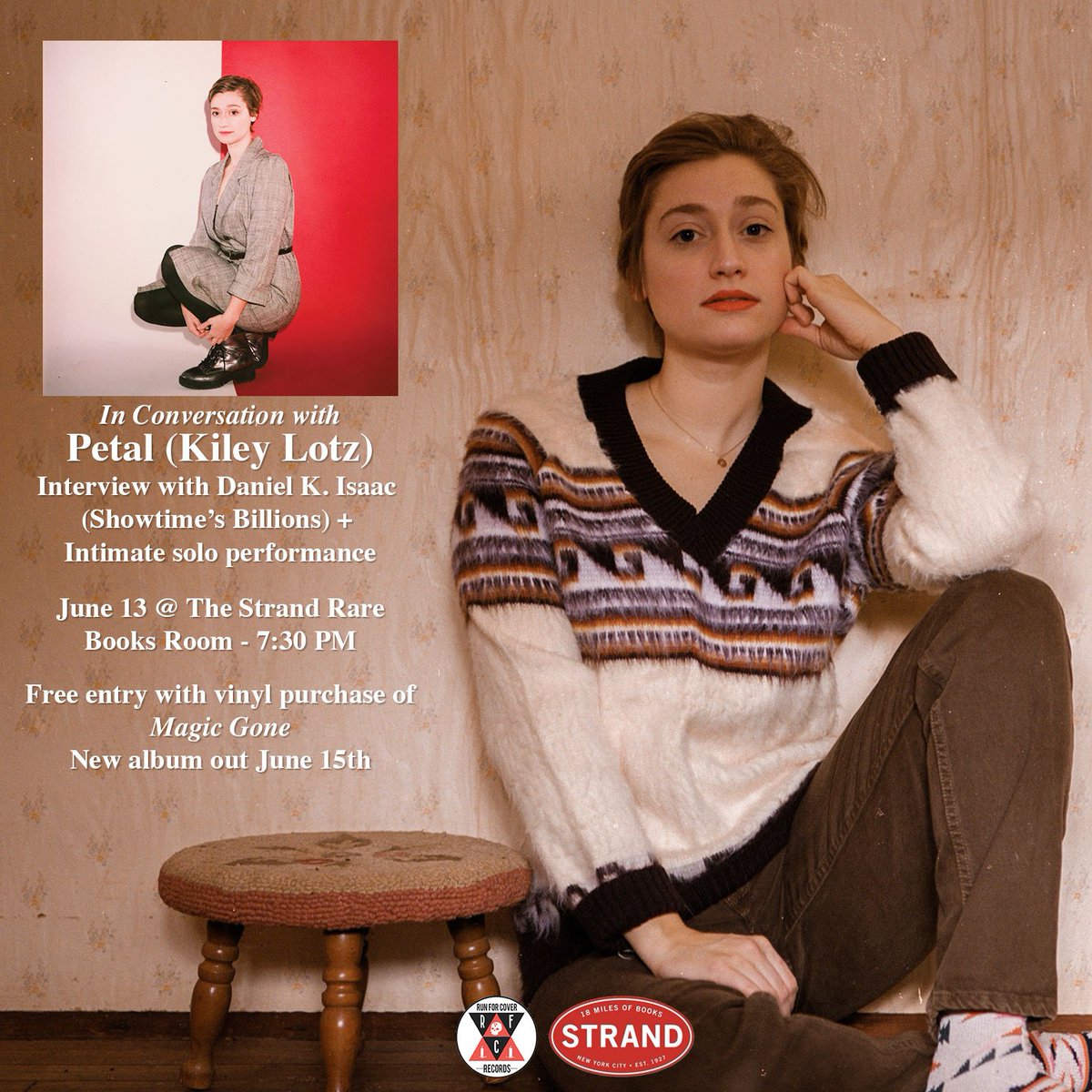rfcrecords's tweet photo. Don't miss @petal_pa at @strandbookstore in NYC next week playing some new songs and having a chat with @DanielKIsaac. Admission includes a vinyl LP of 'Magic Gone' and one free drink! https://t.co/roKp6AyHup https://t.co/IvPl1r44Tu