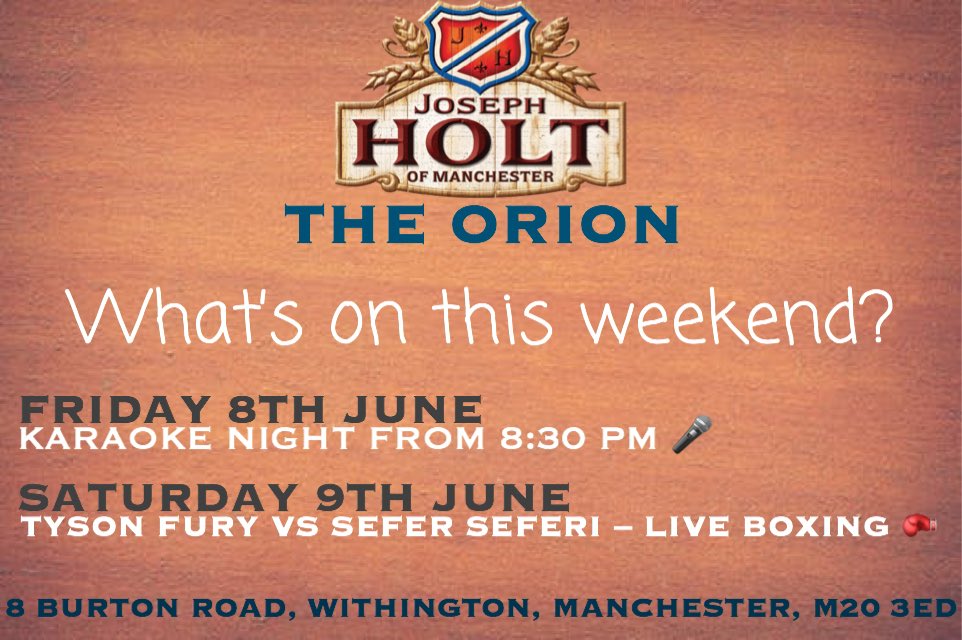orionwithington's tweet photo. Have a look at what’s on this weekend at The Orion! 🍻
#karaoke #pub #boxing #tysonfury #seferseferi #josephholt https://t.co/0eHcnILydU