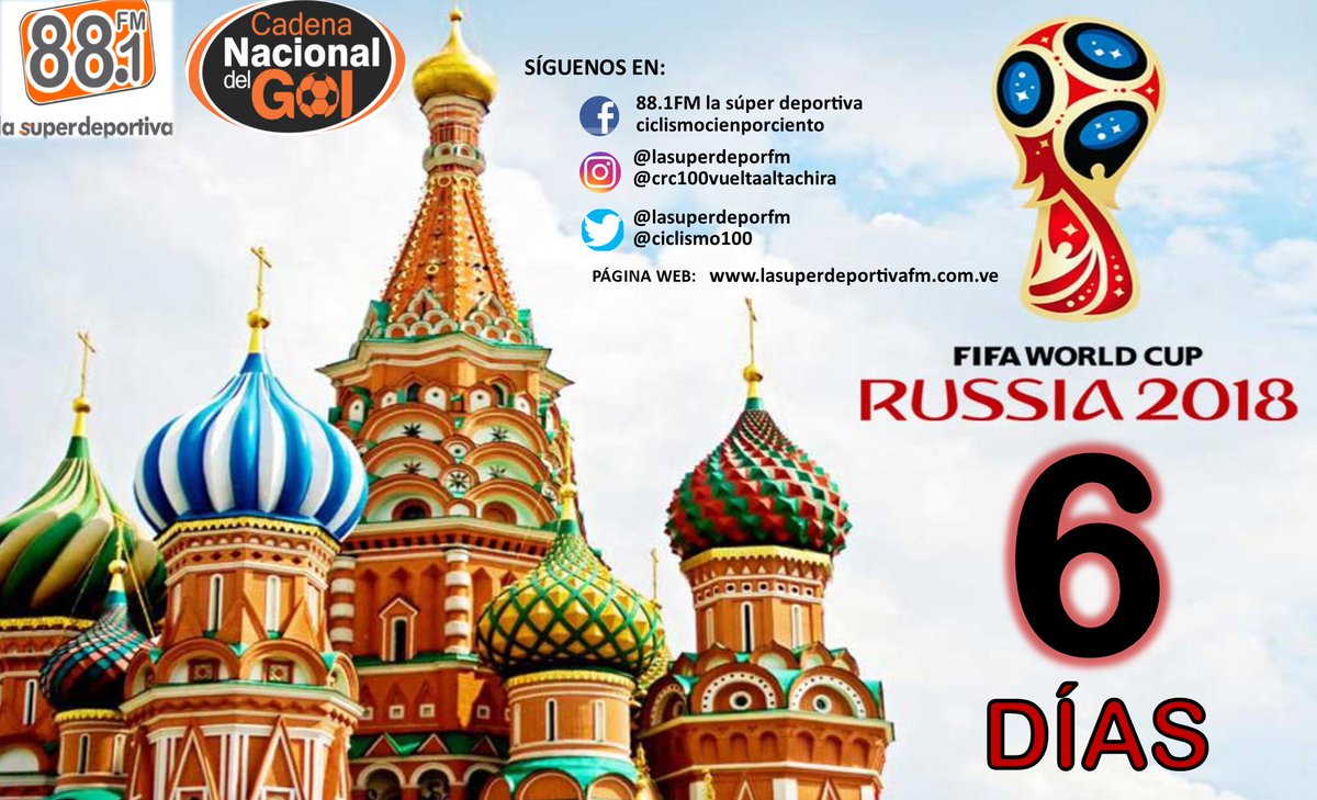 0️⃣6⃣⏳
SOLO 06 DÍAS para el comienzo del🇷🇺MUNDIAL RUSIA 2018🇷🇺️
y nuestro equipo de la 88.1FM LA SÚPER DEPORTIVA esta preparado para llevarles toda la información de este GRAN EVENTO DEPORTIVO