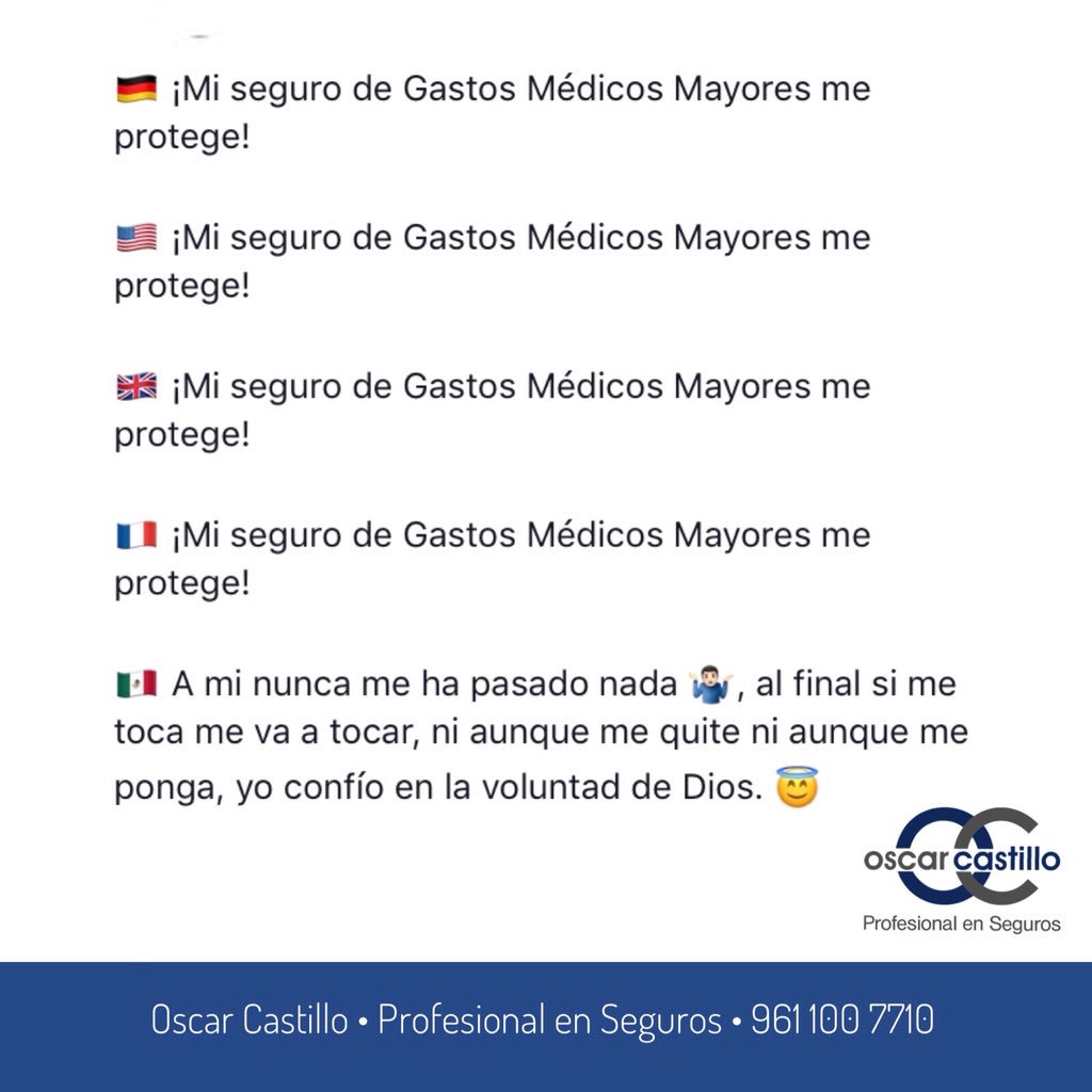 Si no eres derechohabiente de alguna institución de salud pública, tu mejor opción es obtener un #SeguroMédico que te proteja en caso de sufrir un accidente o enfermedad.

#SoyAsesor #ProfesionalEnSeguros #EstabilidadFinanciera #SeguridadPatrimonial