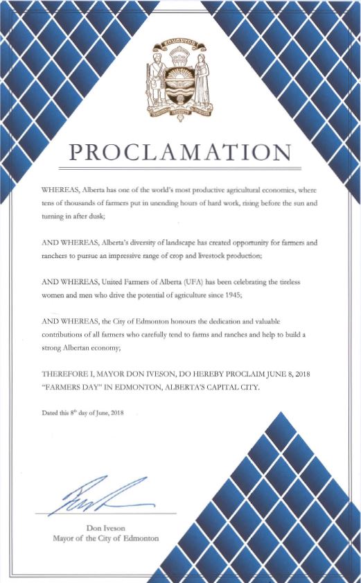 UFAcooperative's tweet photo. The @CityofEdmonton  and the @cityofcalgary  have recognized today as Farmer's Day in honour of the hard working farmer's. https://t.co/OoL3KYOyQy