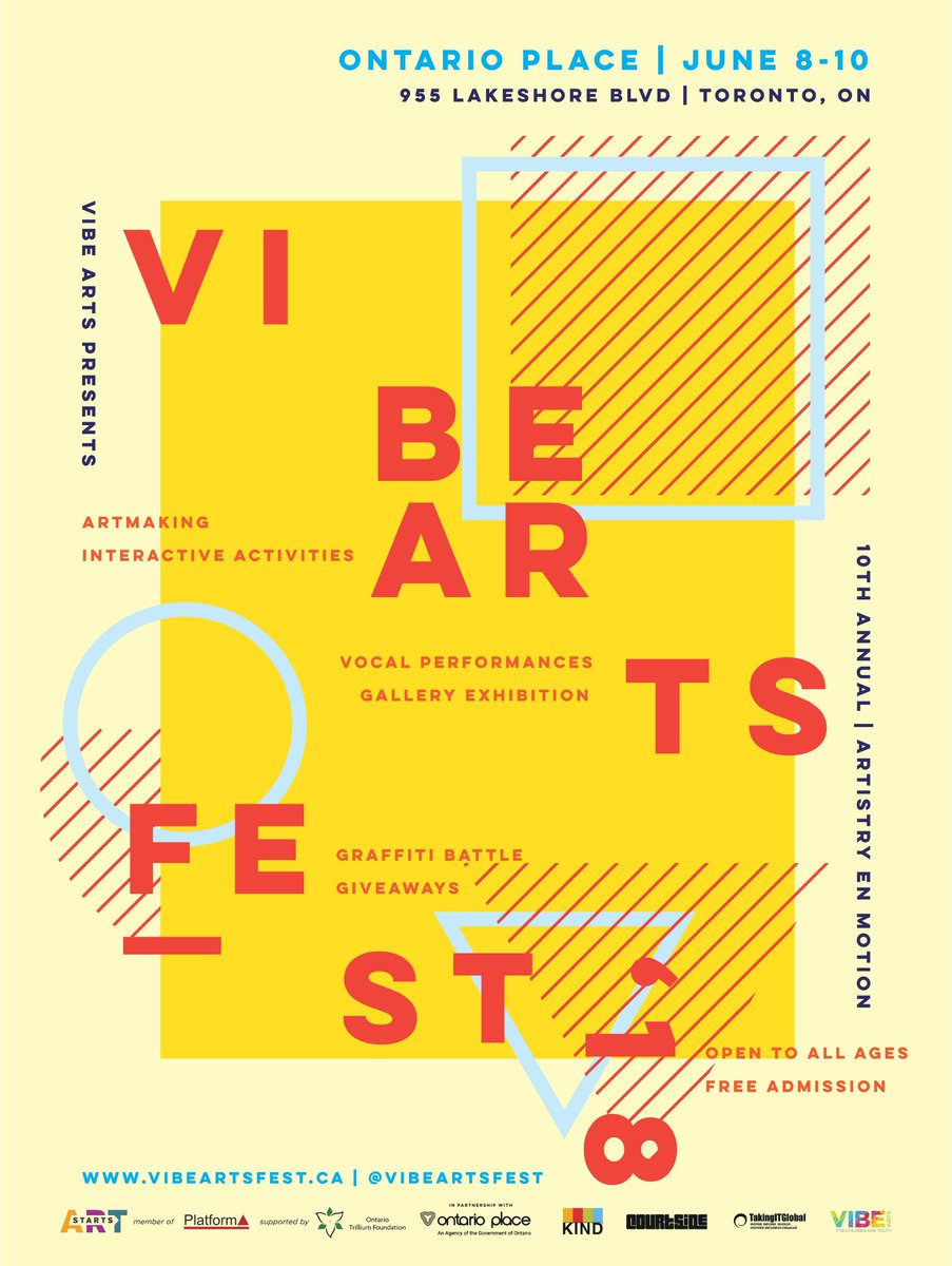 CdnHeritage's tweet photo. Happy 10th anniversary @VIBEartsfest! Don’t miss the awesome art and performances by local youth at @OntarioPlace, June 8–10 #Toronto #VibeArtsFest2018 #VAF2018 https://t.co/sJ8rjME56P https://t.co/yUce3uRmZQ