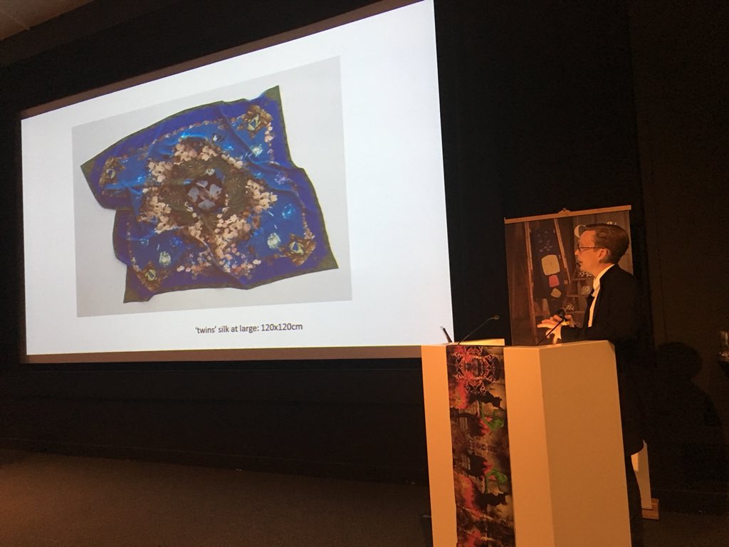 craftscotland's tweet photo. Art Director behind @kmossed Ben Divall presents their unique silk scarves as the first speaker of our afternoon session. Each beautiful scarf starts with a conversation with their client to create truly bespoke pieces. #csconf https://t.co/zBzXZoBA7C