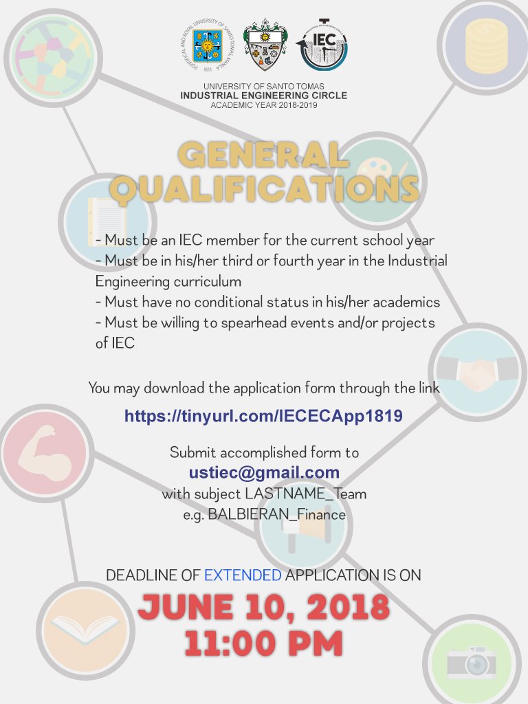 UST_IEC's tweet photo. You can find the application form through this link:
 https://t.co/6llSU444iK

Send your accomplished forms to ustiec@gmail.com with the subject (LASTNAME_TEAM]
(e.g. BALBIERAN_Creatives)

We'll be expecting you!

#IEConnect
#OneIEFamily https://t.co/BNBq8iqlrE