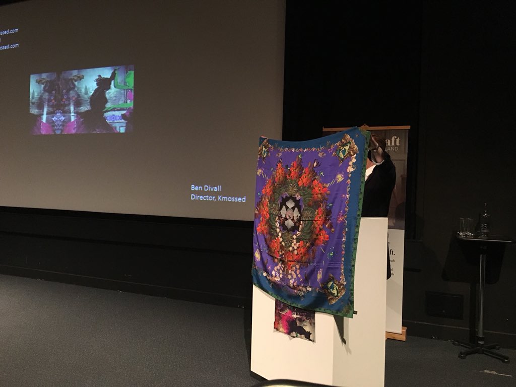 craftscotland's tweet photo. Chaos and collaboration, a fascinating insight from Ben Divall on the process of creating one of @kmossed intricate silk scarves. Discovering the motifs, colours and patterns that form their creations. #csconf https://t.co/V7f1wVIGYq