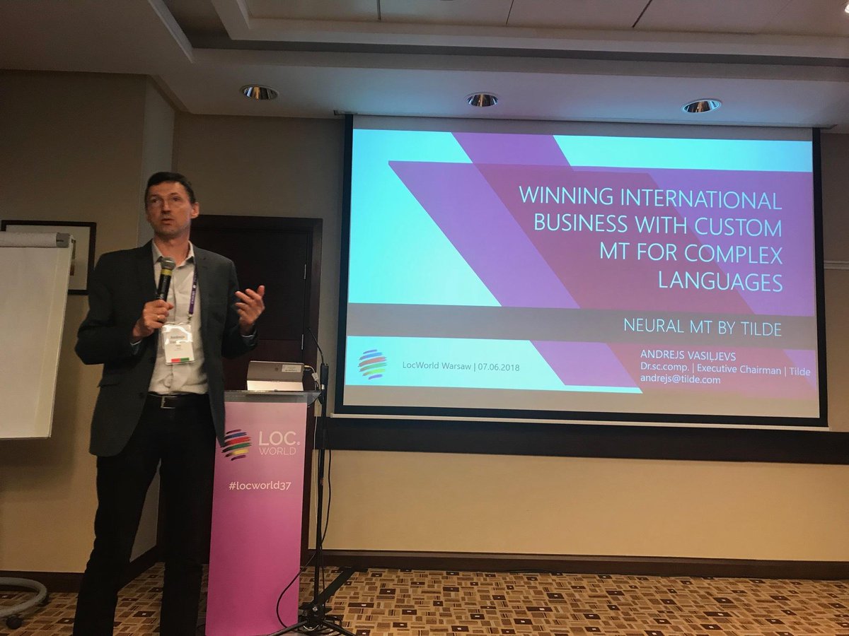 TildeLV's tweet photo. Šonedēļ piedalījāmies lielākajā lokalizācijas un tulkošanas tehnoloģiju konferencē @LocWorld , kurā @AndrejsVas prezentēja mūsu mākslīgā intelekta risinājumus un klientu veiksmes stāstus. #TildeAI https://t.co/V1HGTf2a1E