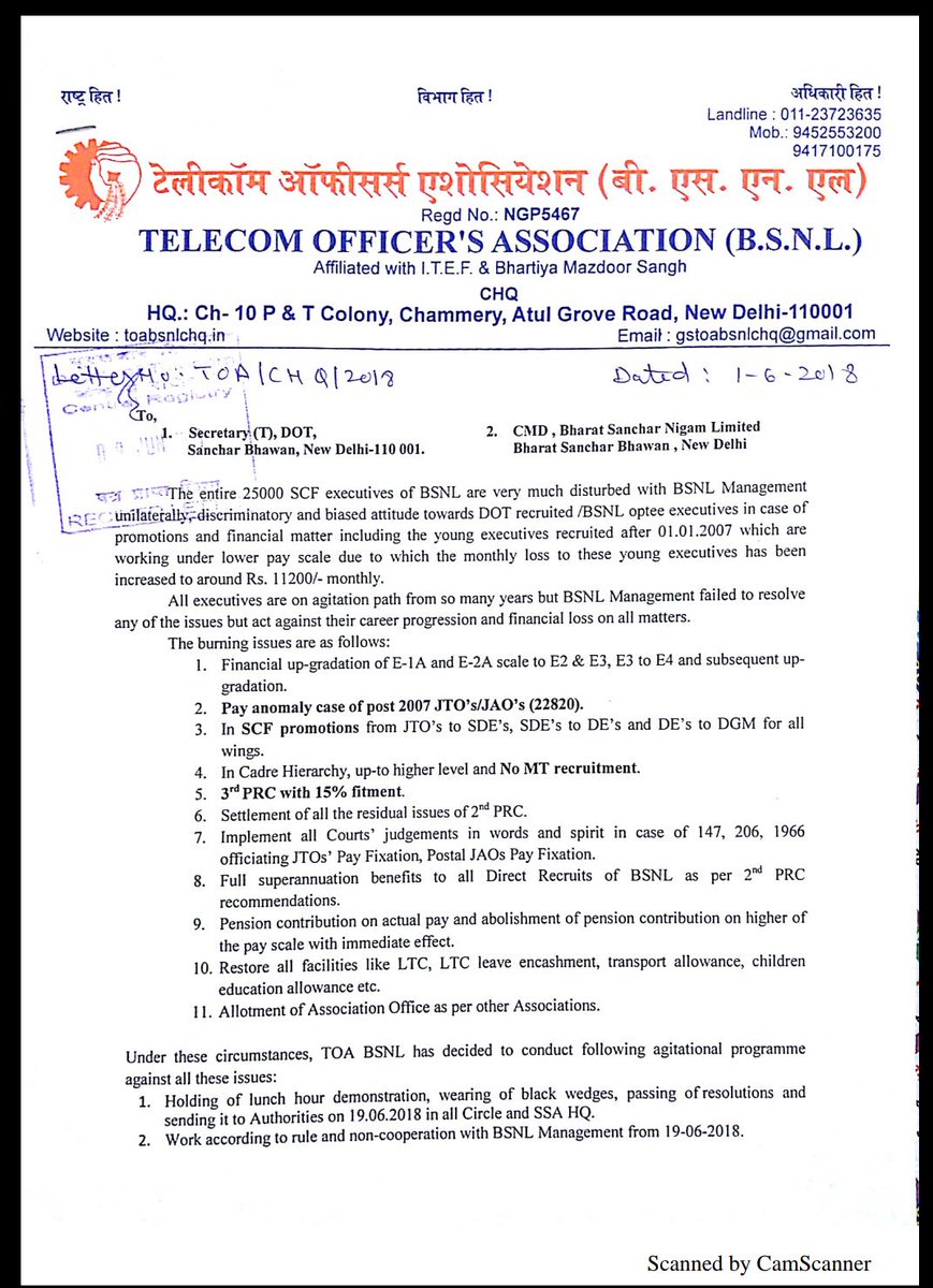 TelecomBsnl's tweet photo. TOA BSNL given the agitation notice to Secretary DoT and CMD BSNL for non resolution of long pending HR issues amoung which the #payloss of young executives recruited after 01.01.2007 and #scfpromotions of BSNL executives are most prominent.
@gscbms @MazdoorSangh @BmsCentral https://t.co/0t2XOGdUNc