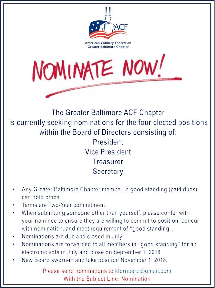 GBACF's tweet photo. It’s that time again! Send nomination to the email pictured above. The email should consist of: Subject Line: Nomination, Body of Email: First and Last Name of individual nominating &amp; the position you are nominating the individual for. #greaterbaltimoreacf #acfchefs #bethechange https://t.co/VuWfP5lyFQ