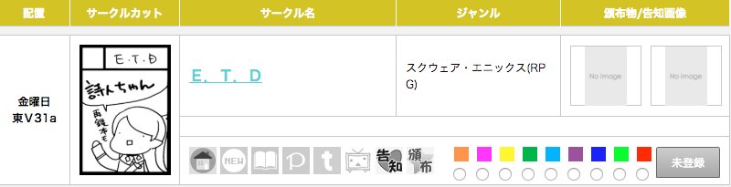 ◎貴サークル「E.T.D」は、金曜日 東地区"V"ブロック-31a に配置されました。

・詩人ちゃんエウレカを駆ける
・白ちゃんついに発狂する
・詩人ちゃん赤魔をやる

などの予定です(予定)。再録間に合えば1〜3あたりまとめます 