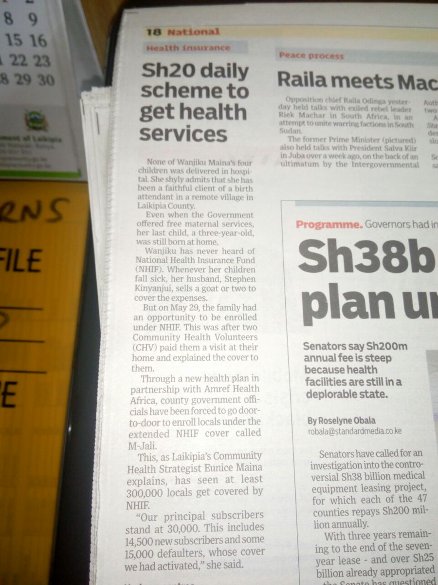 _mJaliPlatform's tweet photo. Sh20 Daily Scheme to get health services.Find out on the Standard Newspaper page 18,how #CHWs in @LaikipiaCountyG are educating the community on the importance of insurance cover and later enrolling them under the @_mJaliPlatform @nhifkenya cover @Amref_Worldwide @leaphealthmobi https://t.co/thgh410V9k