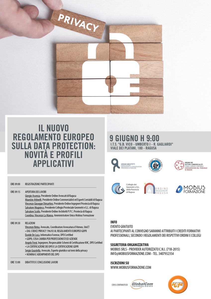 AngeloIngFreni's tweet photo. A chi di interesse, vi aspetto domani (9 giugno) a Ragusa per parlare di Data Protection ... non di Privacy ... secondo il Reg. (UE) 2016/679 ... #KHCKnowHowCertification #GDPR https://t.co/joC0VWm4J1
