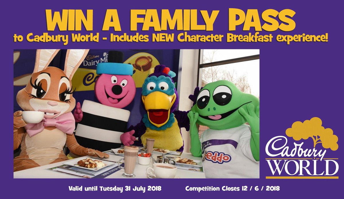 #WIN!
A family pass for 4 to <a href="/CadburyWorld/">Cadbury World</a> + join the beloved Cadbury Characters for an exclusive breakfast. FOLLOW + RT before 12/6 to enter!