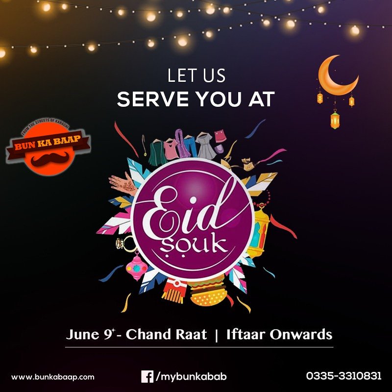 BunKaBaap's tweet photo. Visit us at #EidSouk. 
Date: June 9 - Chand Raat
Time: 6 pm - 1 am
Stall No. 17
Venue: Global Marquees, Karachi
#BunKaBaap https://t.co/2NYVrnv89q