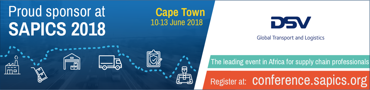 DSV_ZA's tweet photo. We are a proud sponsor of SAPICS 2018, the 40th annual supply chain conference taking place in Cape Town next week. DSV’s Mungo Park is president of SAPICS, and will be opening the conference on Monday.
#everydropcounts #supplychainlogistics #capetown #SAPICS2018 https://t.co/C7bOT7KZ67