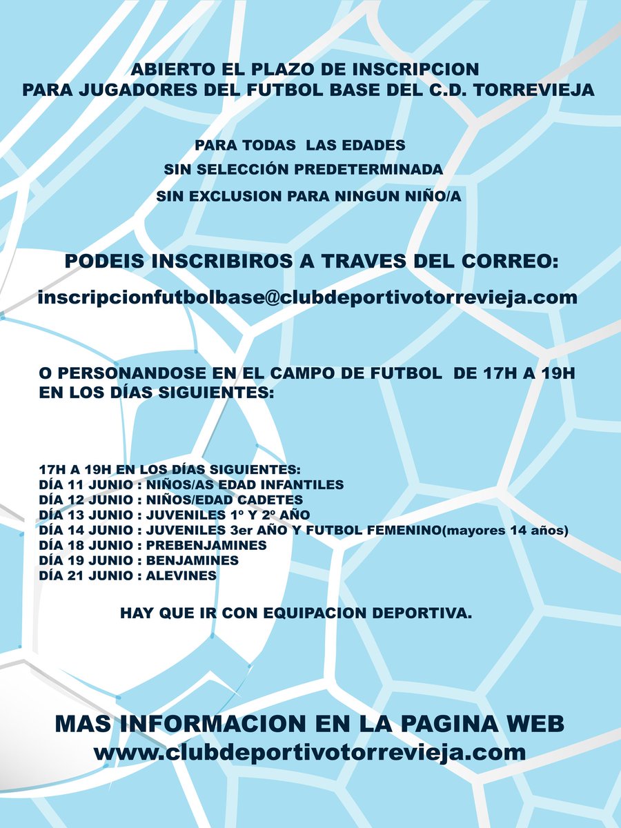 CDTorrevieja's tweet photo. 👦➕👧 FÚTBOL BASE | ¿Quieres jugar en la cantera salinera de nuestro club?

📢 Abierto plazo de inscripción:

➡ Para todas las edades.
➡ Sin selección predeterminada.
➡ Sin exclusión para ningún niño/a.

#FBCDT 🔵⚪ https://t.co/Om4mquGyU0