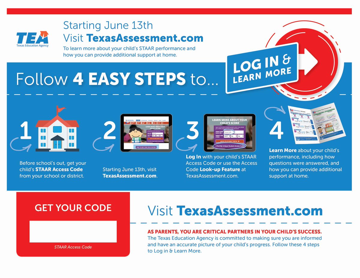 Parents, make sure you have your child's STAAR Access Code so you're ready to "Log In and Learn More" on June 13th. For more information, visit texasassessment.com #txed