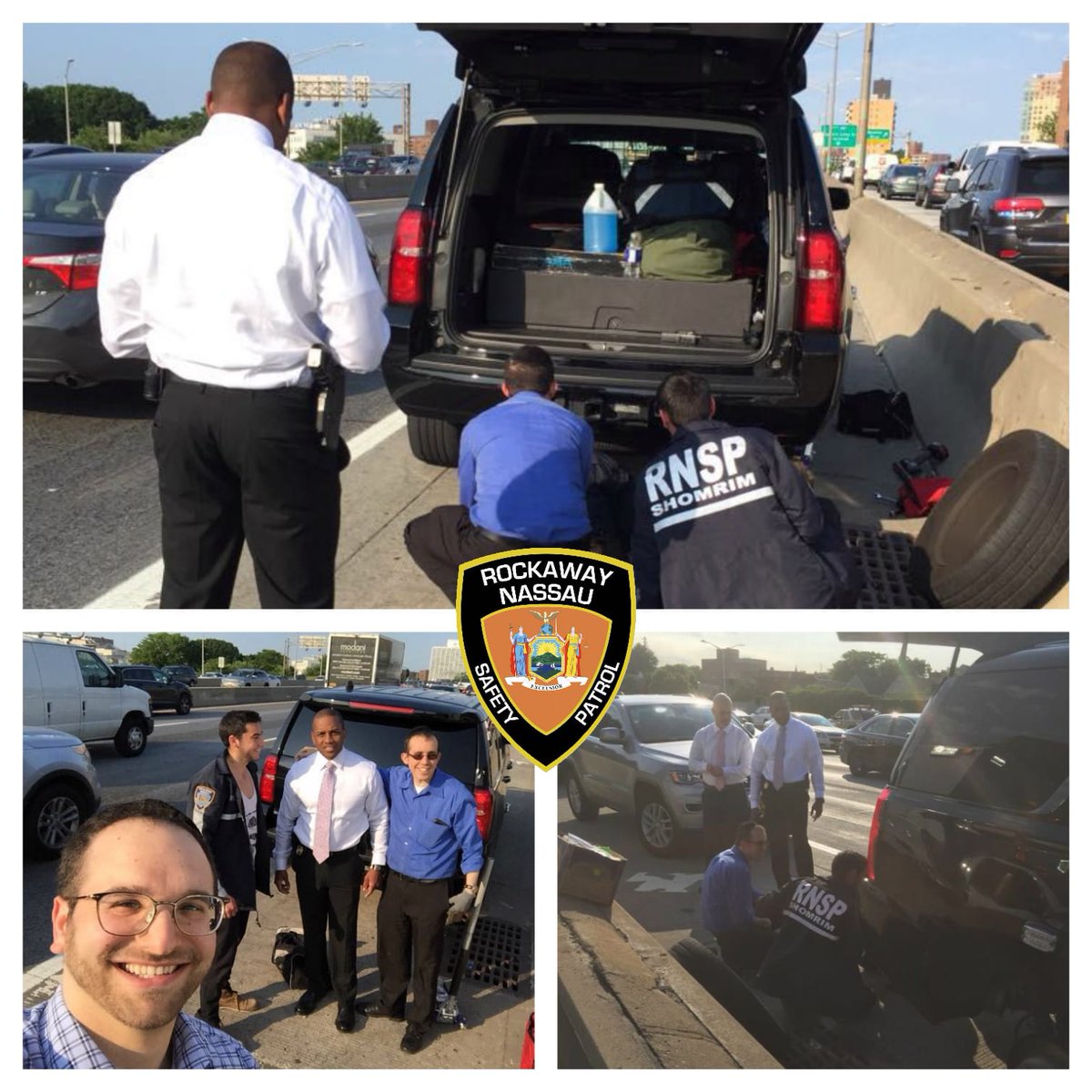 RockawayNassau's tweet photo. When there is a #PersonInNeed, RNSP units always stop to help. As it turns out, a @nyspolice #trooper was stuck with a flat. Thanks to @ChaverimQueens for coming through to help. https://t.co/gk6SLO3i0t