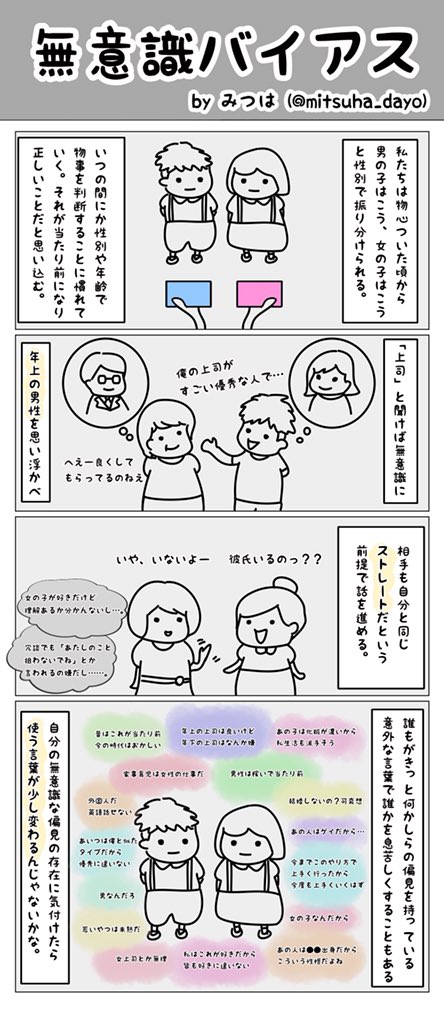 「彼氏（彼女）いるの」って悪気なく聞いちゃうよね。

これをかいてる私も偏見や思い込みが一杯あるはず。

私自身バイアスで息苦しくなることもあれば、逆に誰かを傷付けることもあるので「せめて自分の言葉で人を傷付けることを減らしたい」… 