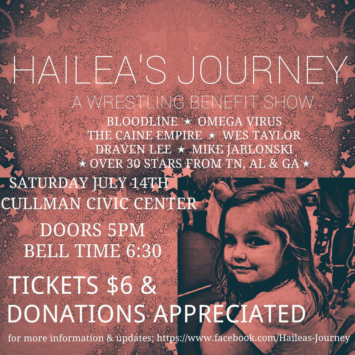 ChrisRage27's tweet photo. Cullman Alabama! This show is for my baby girl! And we're doing it big!!!! Be there! #BringTheRage #HaileasJourney #shesafighter #daddyslittlemonkey https://t.co/Sh4YfHw0Zr