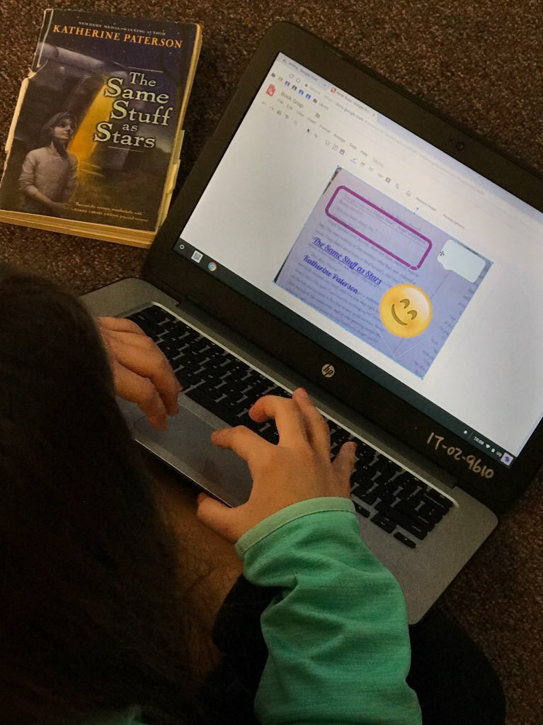 Jessvanorman's tweet photo. @TaraMartinEDU 6th graders' 1st attempt at doing #booksnaps using #chromebooks Kids are loving it! A great engaging way to end the year. Thanks for the amazing idea! #vted #vtedtech #btmes #bsupride https://t.co/14eUpY83kz