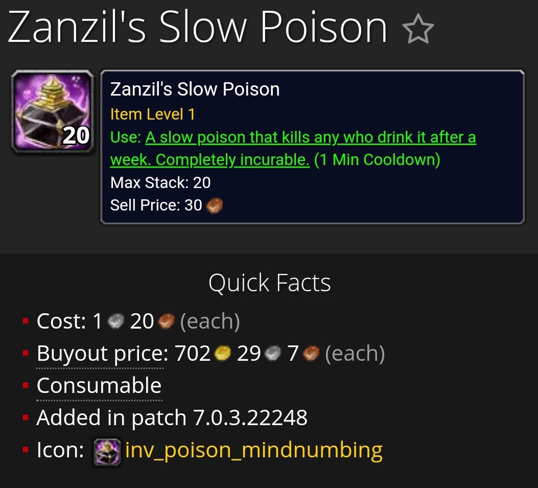 artidokuzgrafik's tweet image. #Zanzil’s Slow Poison!
7 gün içinde öleceksin! İksiri 🤯
#Rogue’ların #Classhall’unda bulunan #Jenri isimli #NPC’den alacağınız bu #poison, içireceğiniz kişiyi gizliden gizliye tam 7 gün sora öldürüyor! Tam bir #Scream kurgusu değil mi?!
#Blizzard bunu yaparken ne düşündü!?

#BFA