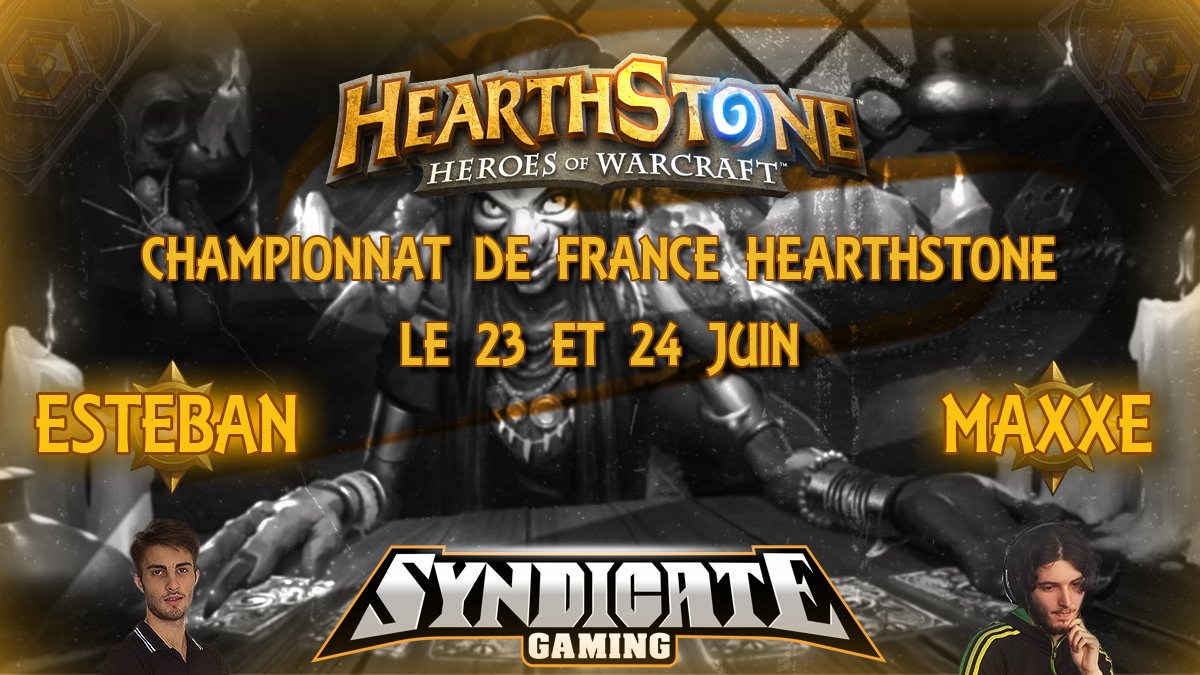 Syndicate_GG's tweet image. [#ANNONCE]

Retrouvé le 23 et 24 Juin, nos 2 joueurs @EstebanHS_EU &amp;amp; @maxxehs #Hearthstone qualifiés pour les championnats de France !

Représentez fièrement les couleurs de la @Syndicate_GG !

#SyndicateGG