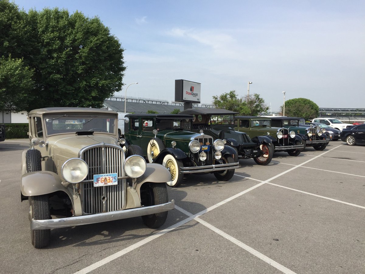 IMSMuseum's tweet photo. You just never know what's going to show up @IMS. Franklin Automobile Co., pride of Syracuse, NY, from 1906-34. The license plates on these beauties are NY, Virginia, Ohio, Minn., Alabama ... Alaska! #RoadTrip  #BucketListStop  #EnjoytheGroundsTour  #FranklinFriday https://t.co/A3V1bFzVFH
