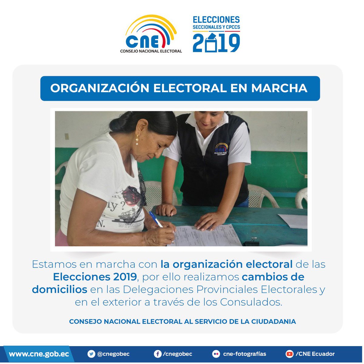 cnenapo's tweet photo. #OrganizaciónElectoralEnMarcha | Atendemos solicitudes de cambios de domicilio permitiendo que en las #EleccionesEc2019 los ciudadanos puedan sufragar más cerca de sus lugares de residencia. https://t.co/p2Ue7DPCwr