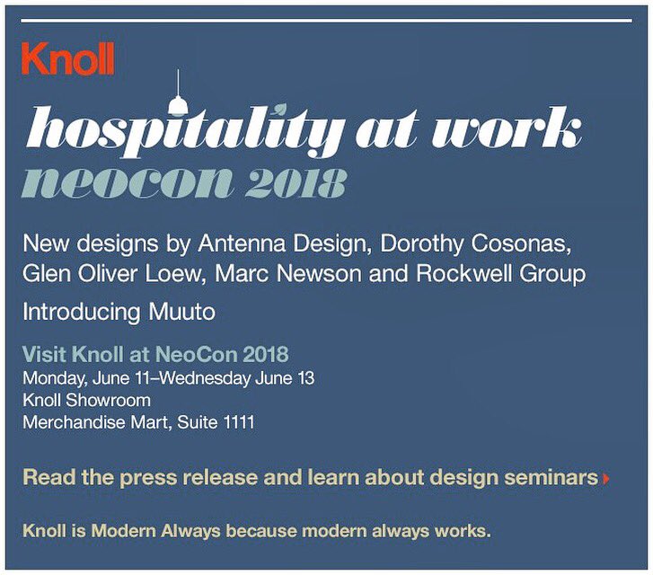 ORBoston's tweet photo. #NeoCon50 is THIS Monday! Will we see you in Chicago?! Come check out @Knoll_Inc’s ‘Hospitality at Work’ showroom at Suite 1111. #NeoCon2018 #OfficeResources #ORI #Knoll #ModernAlways #Muuto @muutodesign https://t.co/LKlk0Md2Rh