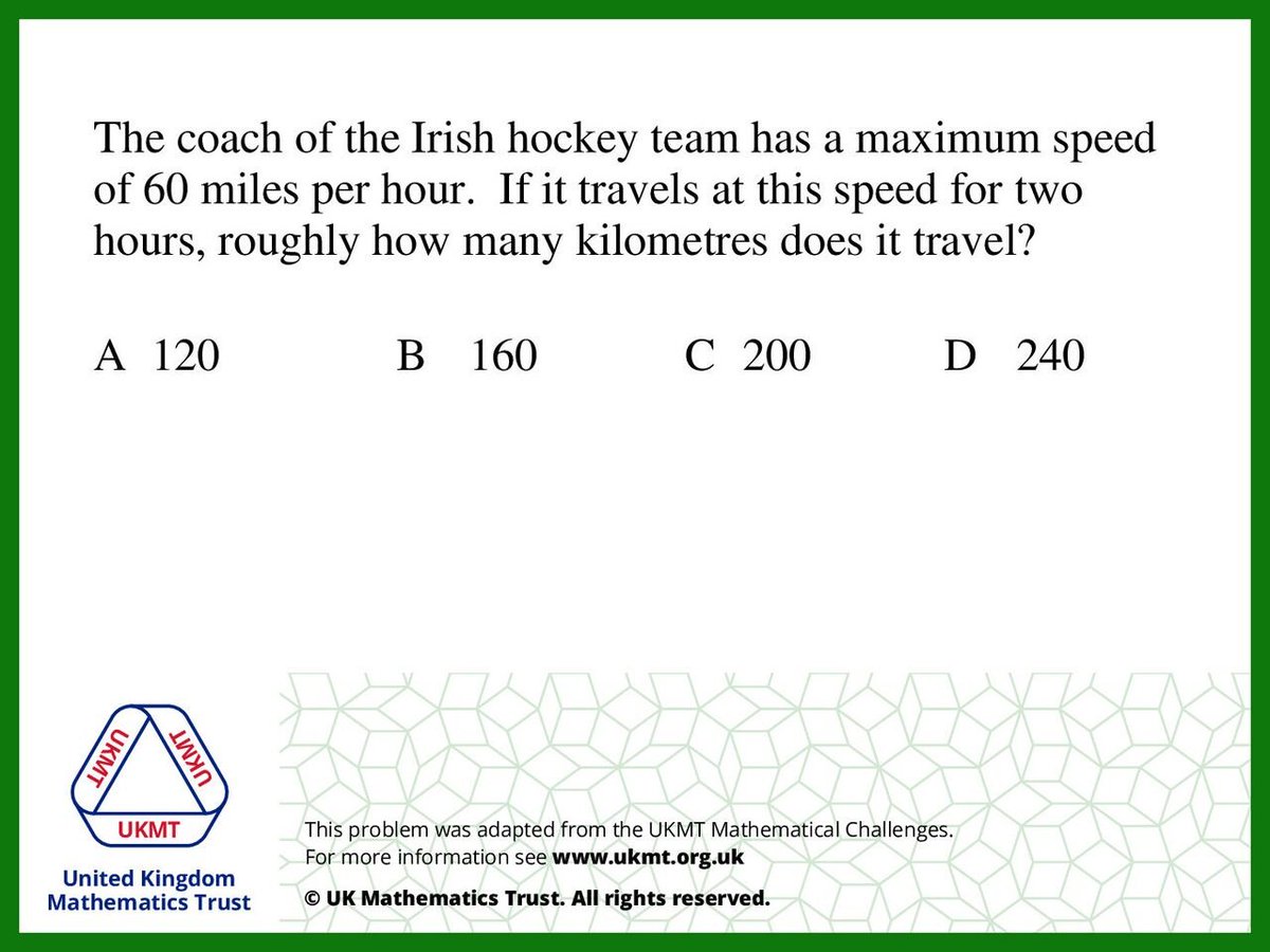 UKMathsTrust's tweet photo. This #UKMTProblem is taken form an IMC paper! How many kilometres does the coach travel? https://t.co/DETGl3o2fs