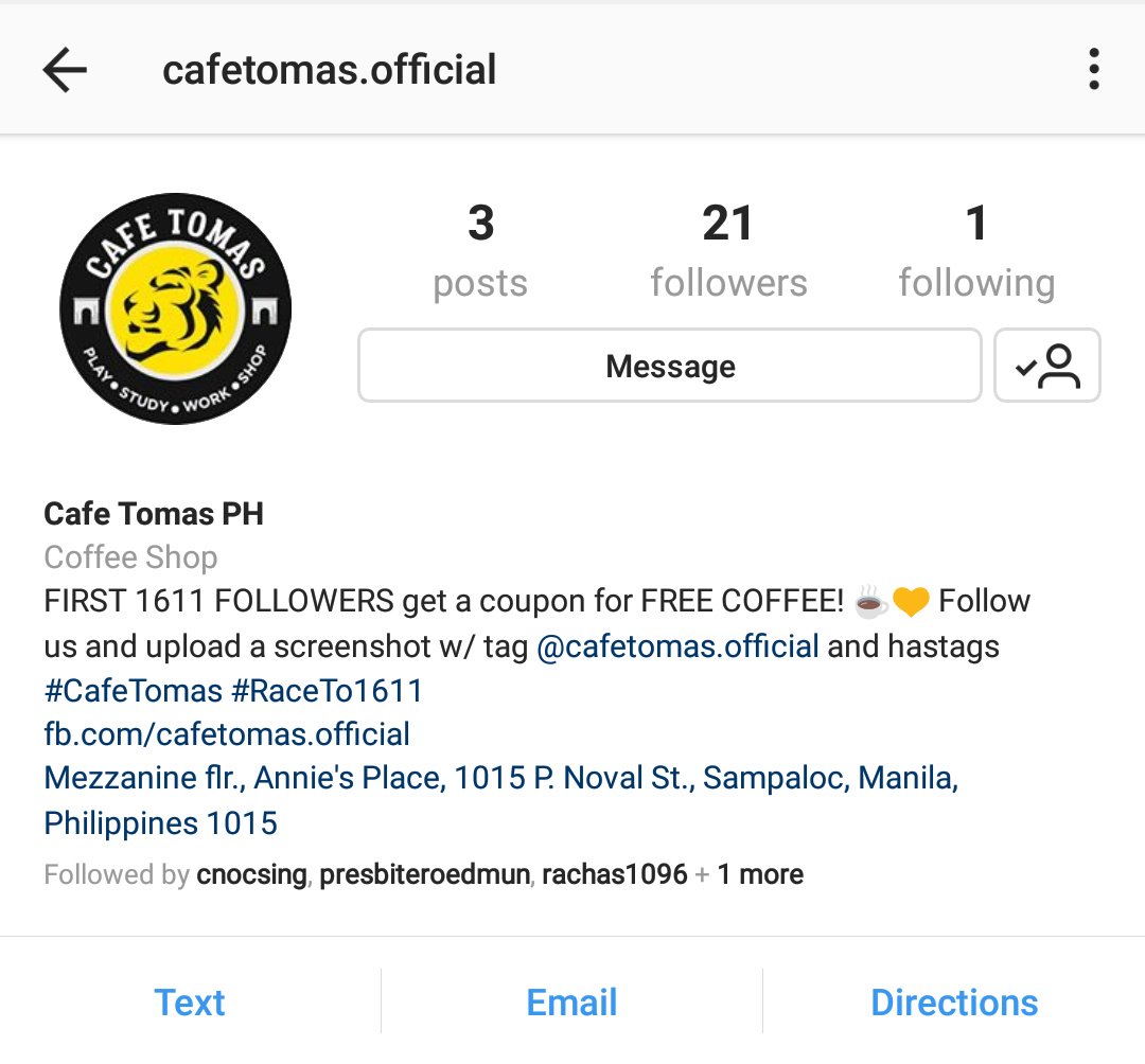 cafe_tomas's tweet photo. You might want to check out our IG, cause were giving away free coffee! ☕

Simply follow us on Instagram, upload the screenshot, tag (cafetomas.official) and use the hashtags #CafeTomas #RaceTo1611 😊💛 https://t.co/nSEC6kRBiU